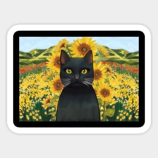 Black cat in a sunflower garden Sticker